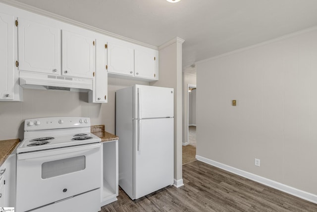 kitchen with white cabinetry, dark hardwood / wood-style flooring, white appliances, and crown molding