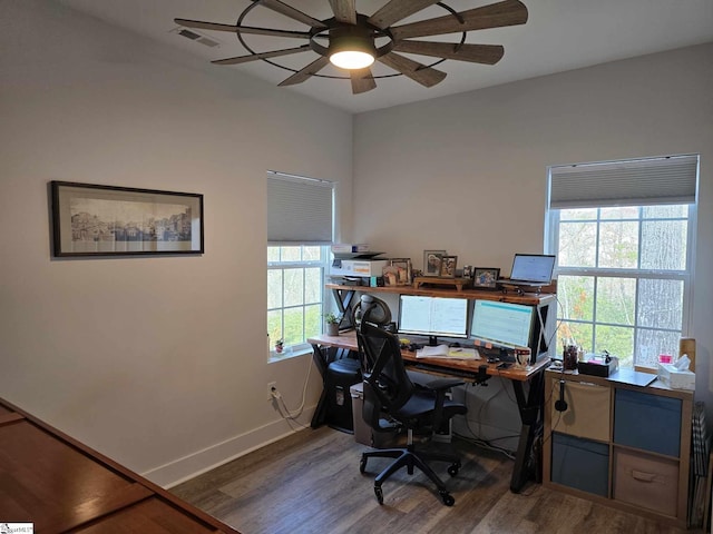 office area with ceiling fan, a healthy amount of sunlight, and dark wood-type flooring