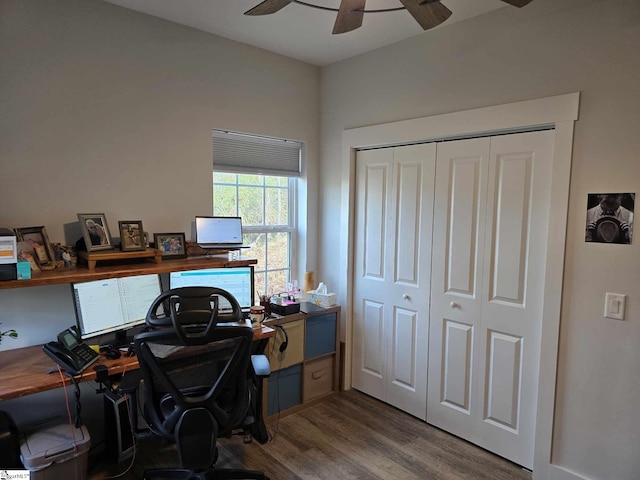 home office featuring hardwood / wood-style flooring and ceiling fan