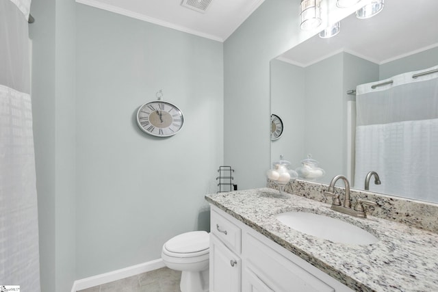 bathroom featuring crown molding, tile patterned flooring, vanity, and toilet