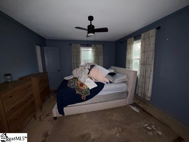 bedroom featuring ceiling fan and multiple windows