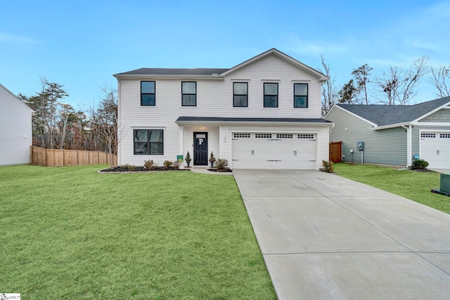 front facade featuring a front yard and a garage