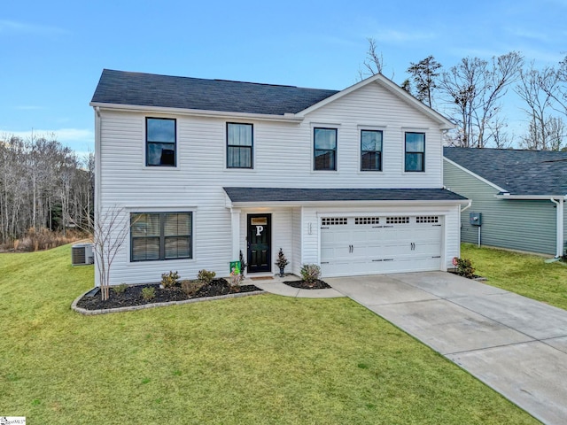 front facade with a garage, a front yard, and central AC