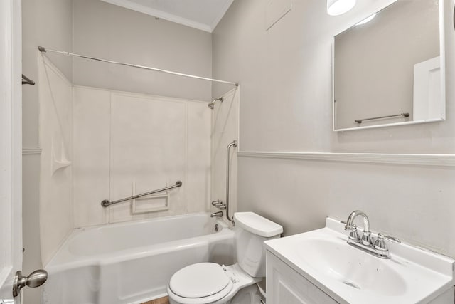 full bathroom with toilet, vanity, tub / shower combination, and ornamental molding