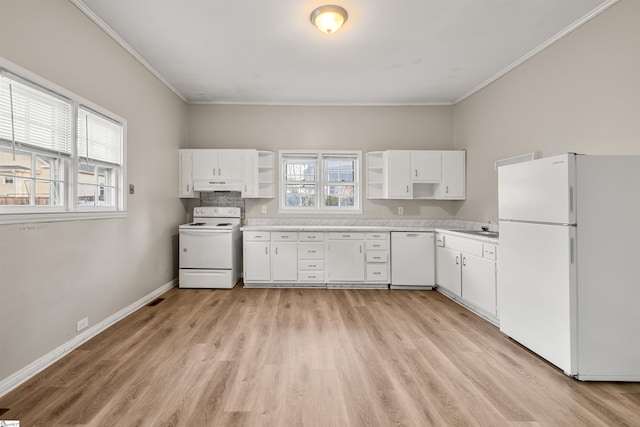 kitchen featuring white cabinetry, white appliances, ornamental molding, and light hardwood / wood-style flooring