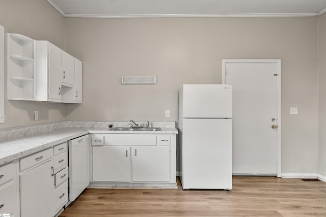 kitchen featuring crown molding, white cabinets, white appliances, and light wood-type flooring