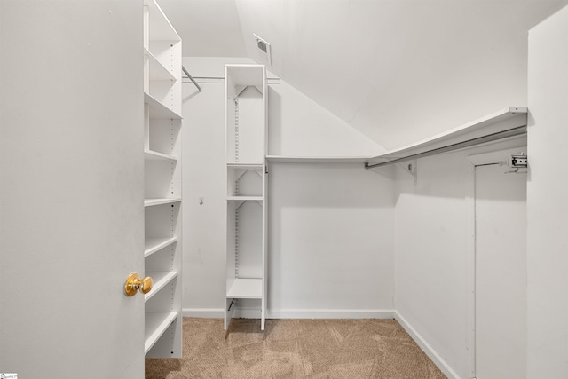 spacious closet with light carpet and lofted ceiling