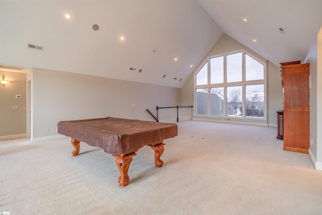 game room featuring light carpet, high vaulted ceiling, and pool table