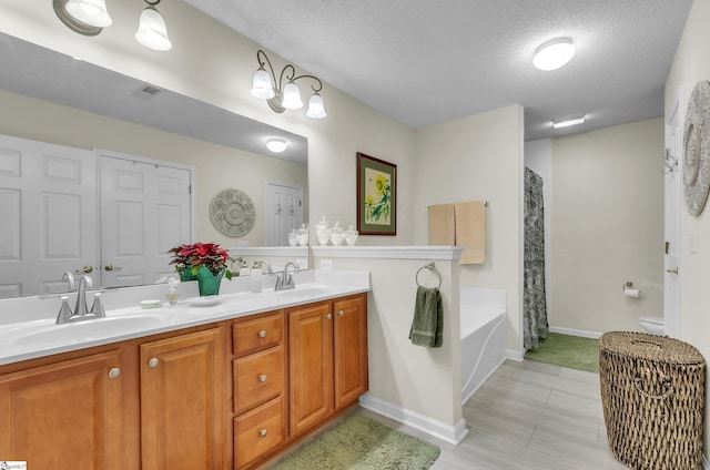 bathroom featuring a bathing tub, vanity, and a textured ceiling