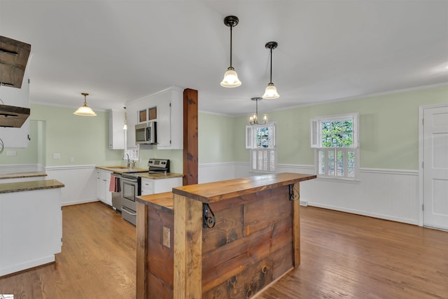 kitchen with appliances with stainless steel finishes, white cabinetry, hanging light fixtures, and sink