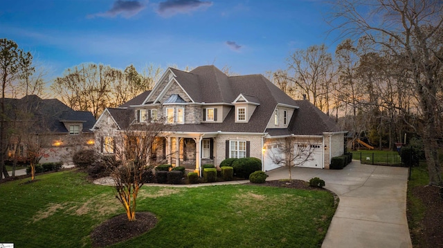 view of front of house with a yard, a porch, and a garage