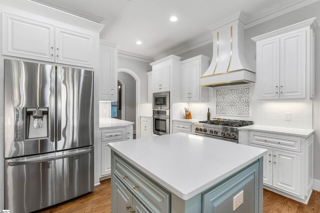 kitchen featuring appliances with stainless steel finishes, premium range hood, a center island, dark hardwood / wood-style floors, and white cabinetry