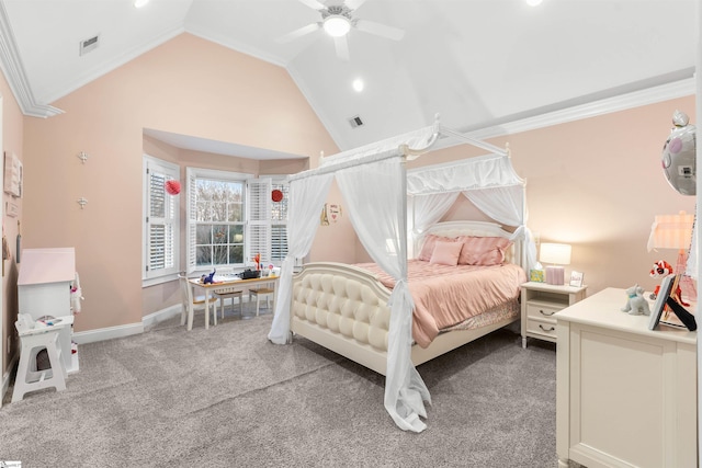 bedroom featuring carpet flooring, ceiling fan, lofted ceiling, and crown molding