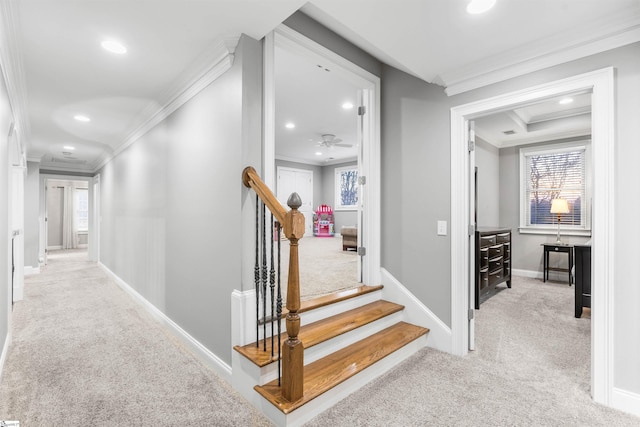 hall with crown molding and light carpet