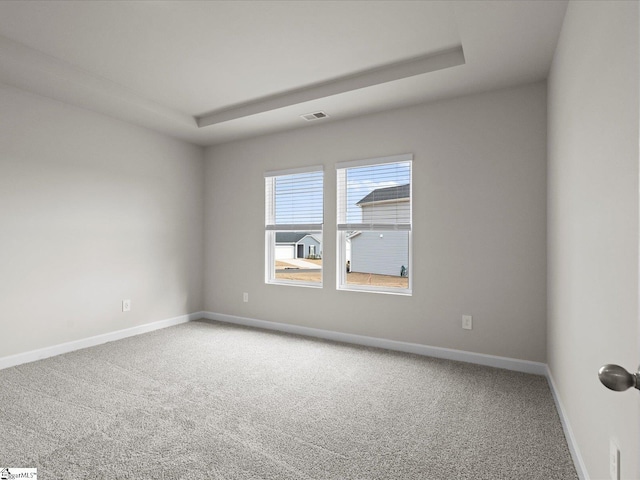 carpeted empty room with a raised ceiling