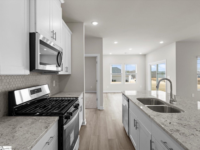 kitchen featuring sink, appliances with stainless steel finishes, light stone counters, white cabinets, and decorative backsplash