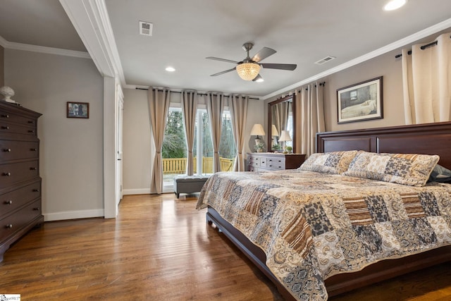 bedroom featuring hardwood / wood-style floors, ceiling fan, ornamental molding, and access to outside