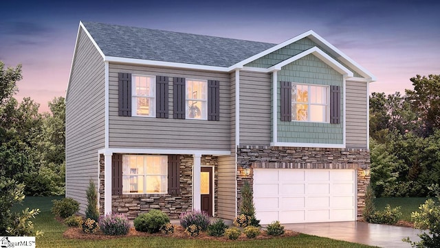 view of front of property with a garage, stone siding, and driveway