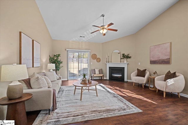 living room featuring ceiling fan, dark hardwood / wood-style flooring, and high vaulted ceiling