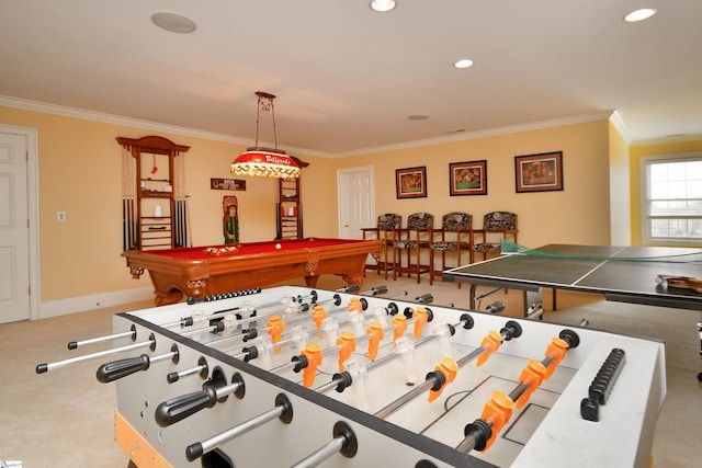 playroom featuring ornamental molding, light carpet, and billiards