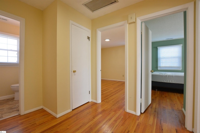 hallway with plenty of natural light and light hardwood / wood-style floors