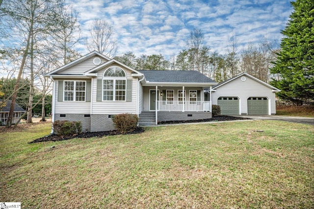 view of front facade featuring a garage, covered porch, an outdoor structure, and a front lawn