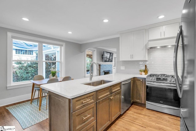 kitchen featuring white cabinets, stainless steel appliances, kitchen peninsula, and sink