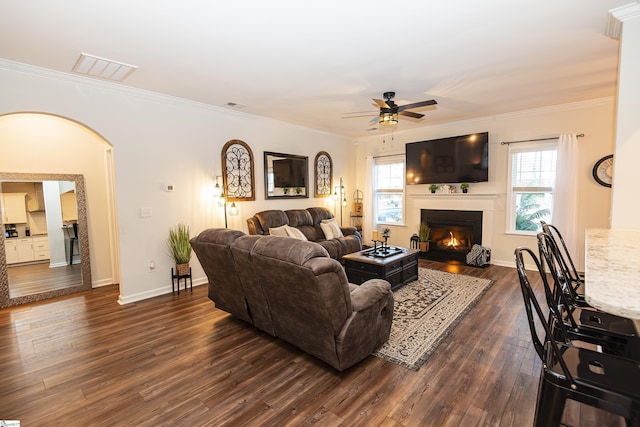 living room featuring ceiling fan, dark hardwood / wood-style flooring, and crown molding