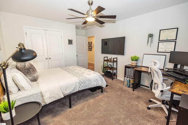 bedroom featuring carpet, a closet, and ceiling fan