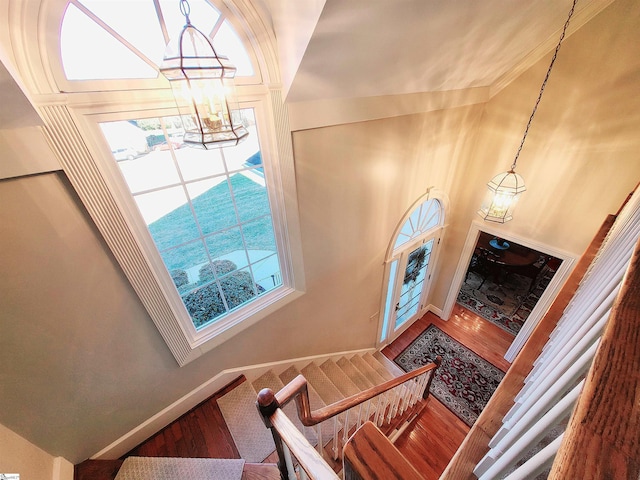 stairway featuring wood-type flooring, a towering ceiling, and a notable chandelier