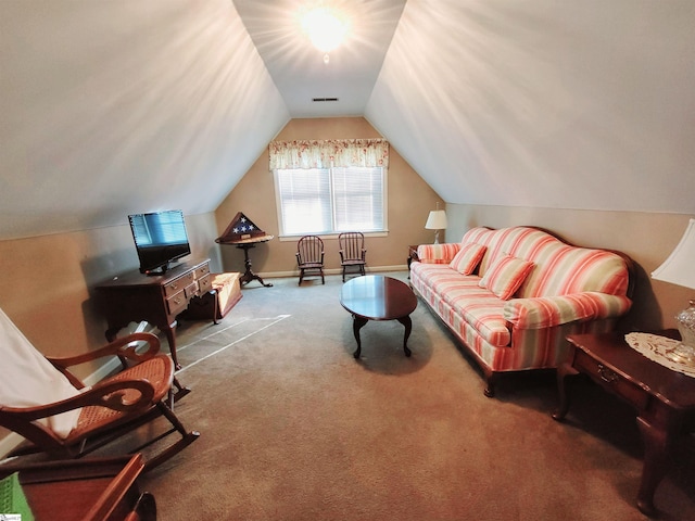 interior space with carpet and lofted ceiling