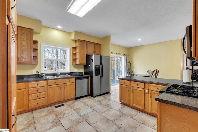 kitchen featuring kitchen peninsula, a healthy amount of sunlight, sink, and stainless steel appliances