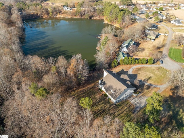 drone / aerial view with a water view