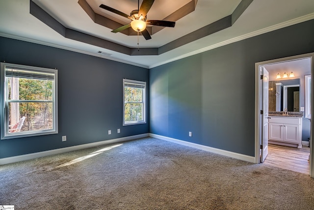 unfurnished room with ceiling fan, a raised ceiling, light colored carpet, and ornamental molding