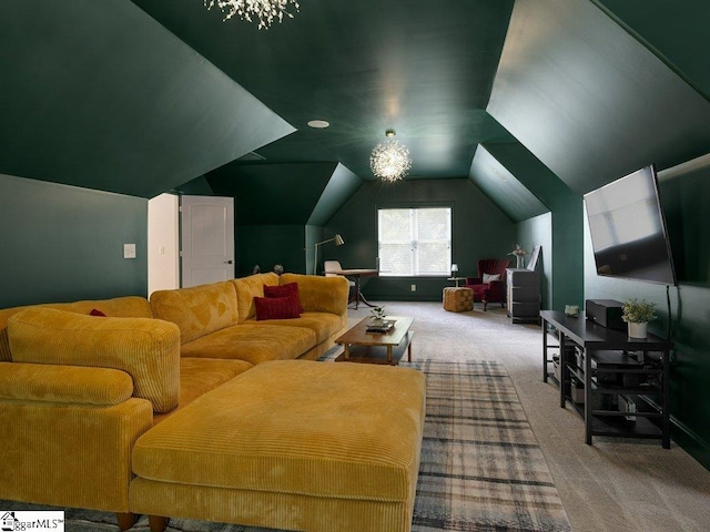 carpeted living room with lofted ceiling