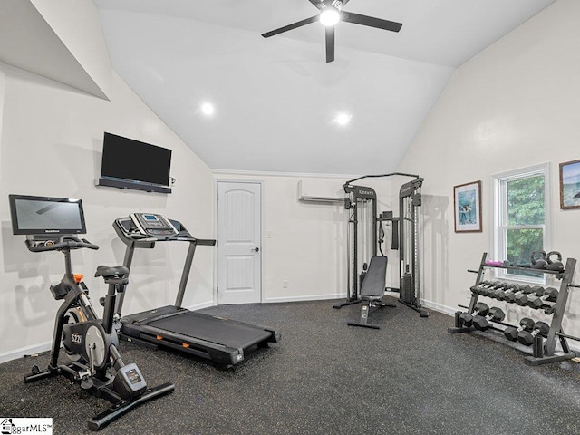 exercise room with vaulted ceiling, ceiling fan, and a wall unit AC