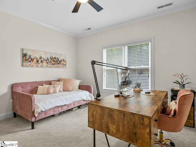 bedroom featuring carpet, ceiling fan, and crown molding