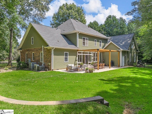 back of house with a lawn, cooling unit, a patio area, and a pergola