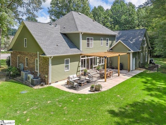 back of property with a lawn, a patio area, central air condition unit, and an outdoor hangout area