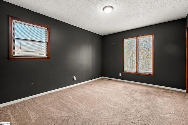 carpeted empty room featuring a textured ceiling