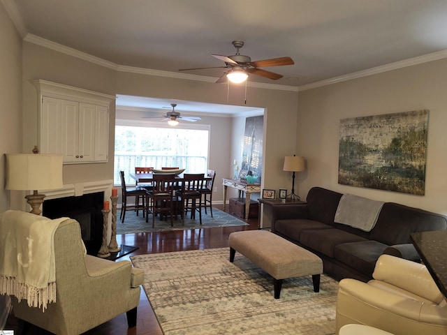 living room with ceiling fan, dark hardwood / wood-style flooring, and crown molding