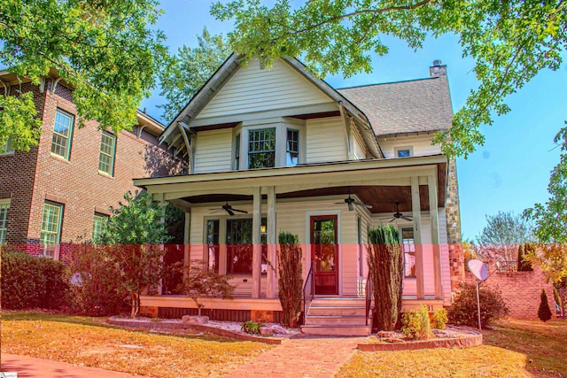 view of front of property featuring covered porch and ceiling fan