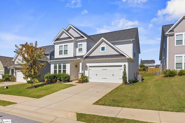 craftsman inspired home featuring a garage, central air condition unit, and a front lawn