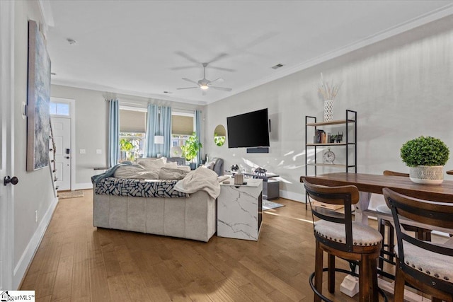 living room featuring ceiling fan, light wood-type flooring, and crown molding