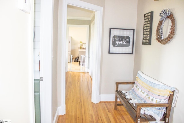 hall featuring crown molding and light hardwood / wood-style floors