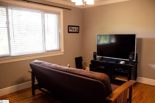 living room featuring hardwood / wood-style floors, plenty of natural light, and crown molding