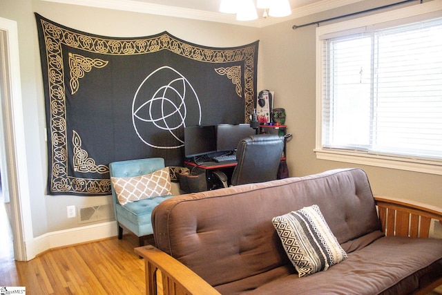 living area with wood-type flooring and crown molding