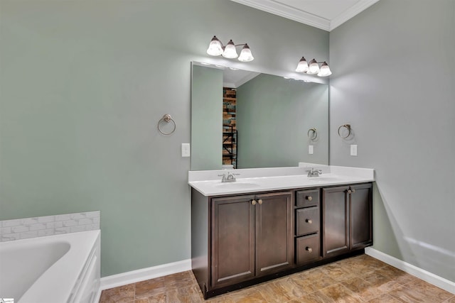 bathroom with vanity, a tub, and ornamental molding