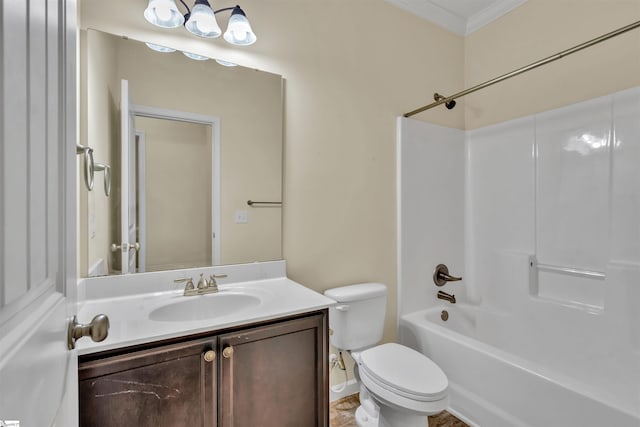 full bathroom with vanity, toilet, ornamental molding, and tub / shower combination