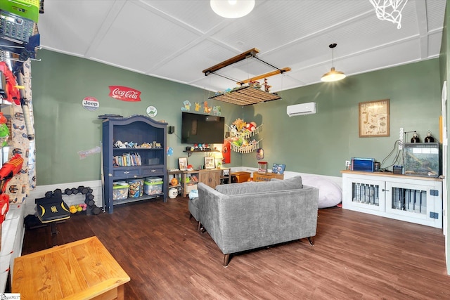 living room with an AC wall unit and dark wood-type flooring